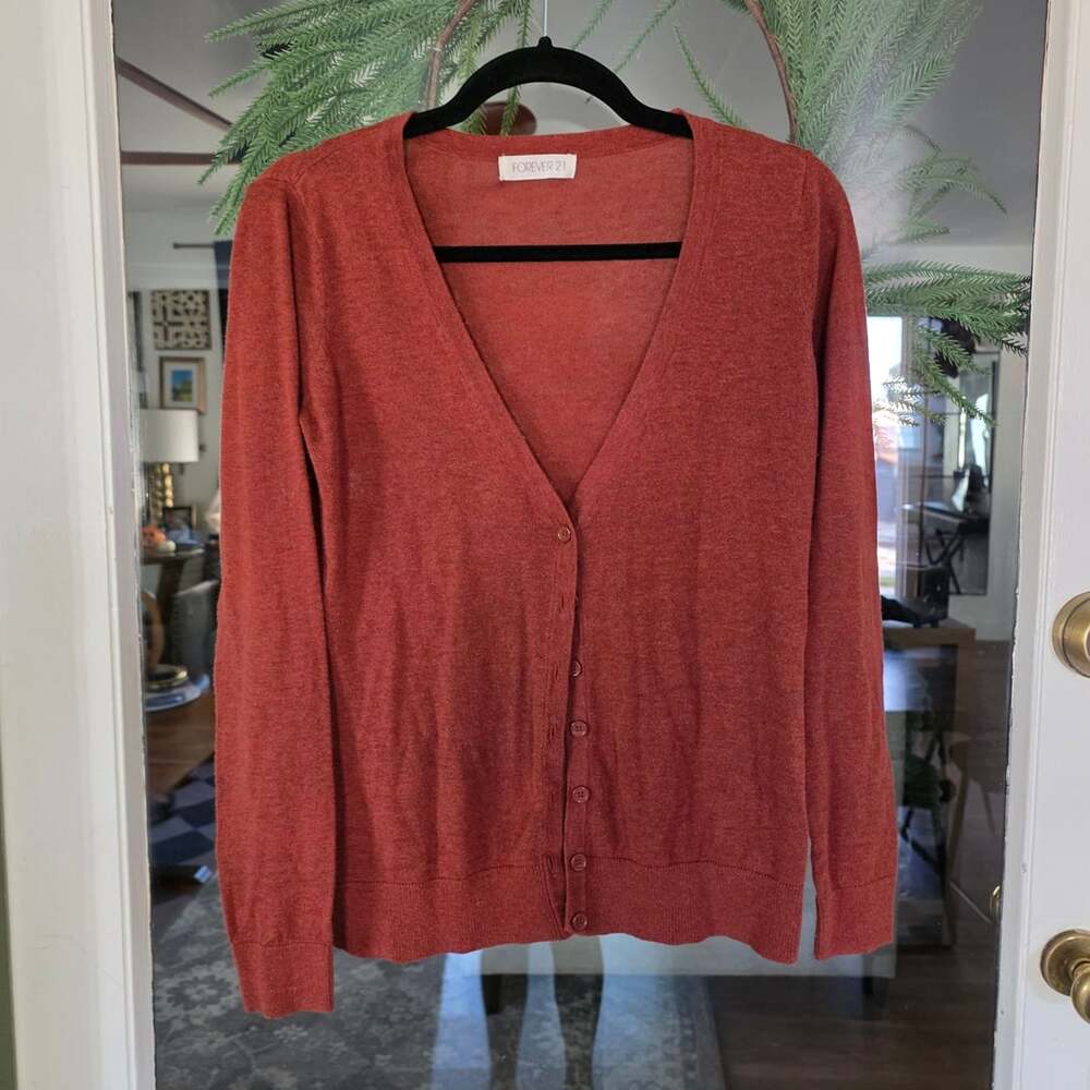 Forever 21 Cardigan Sweater Rust Orange V-Neck Button Down